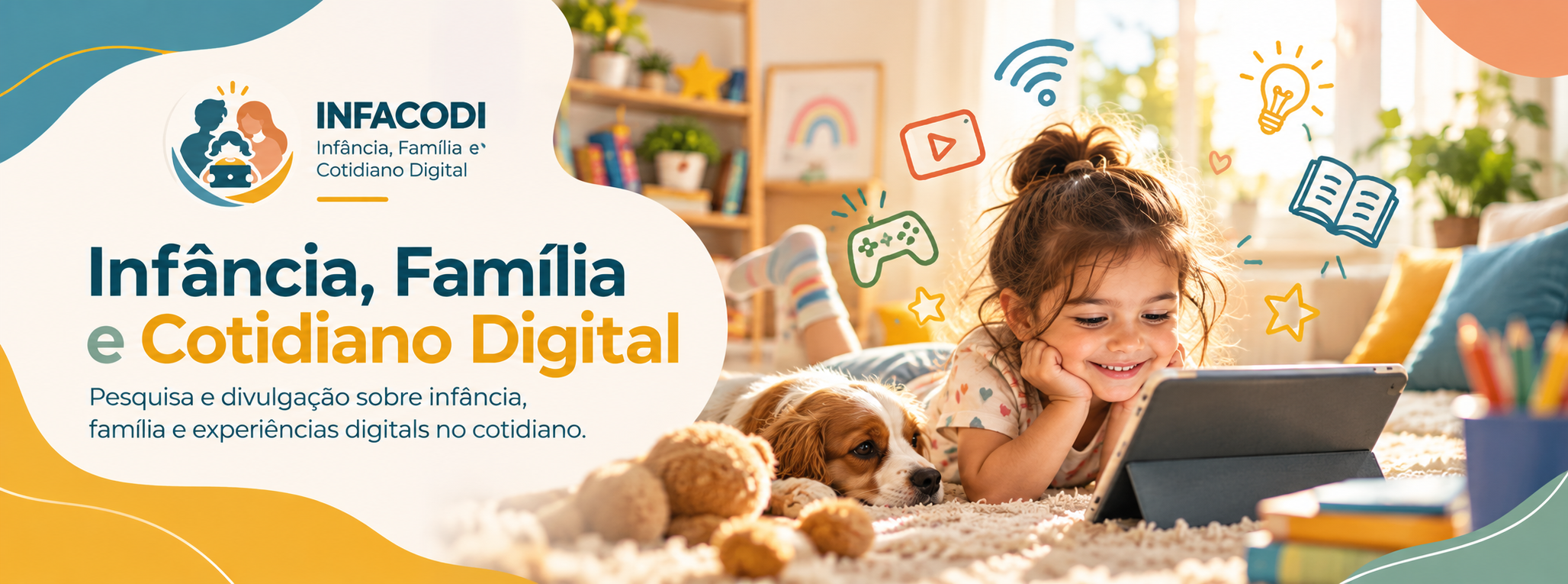 Capa da INFACODI: infância, família e cotidiano digital, com criança utilizando tablet em ambiente acolhedor